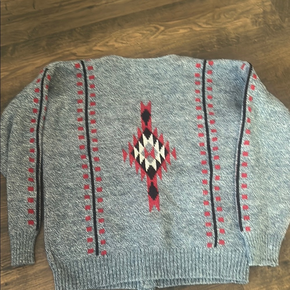 Blue and Red Cardigan Sweater with Southwestern Design - Picture 3 of 3